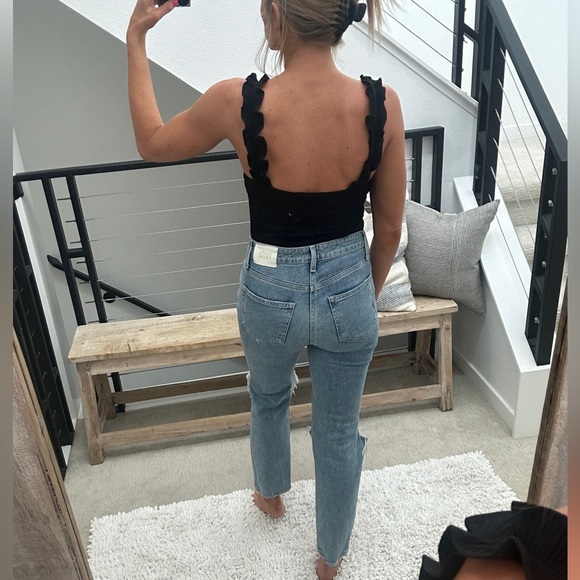 Elodie black ruffle strap ribbed bodysuit casual summer vacation business M - Picture 6 of 11